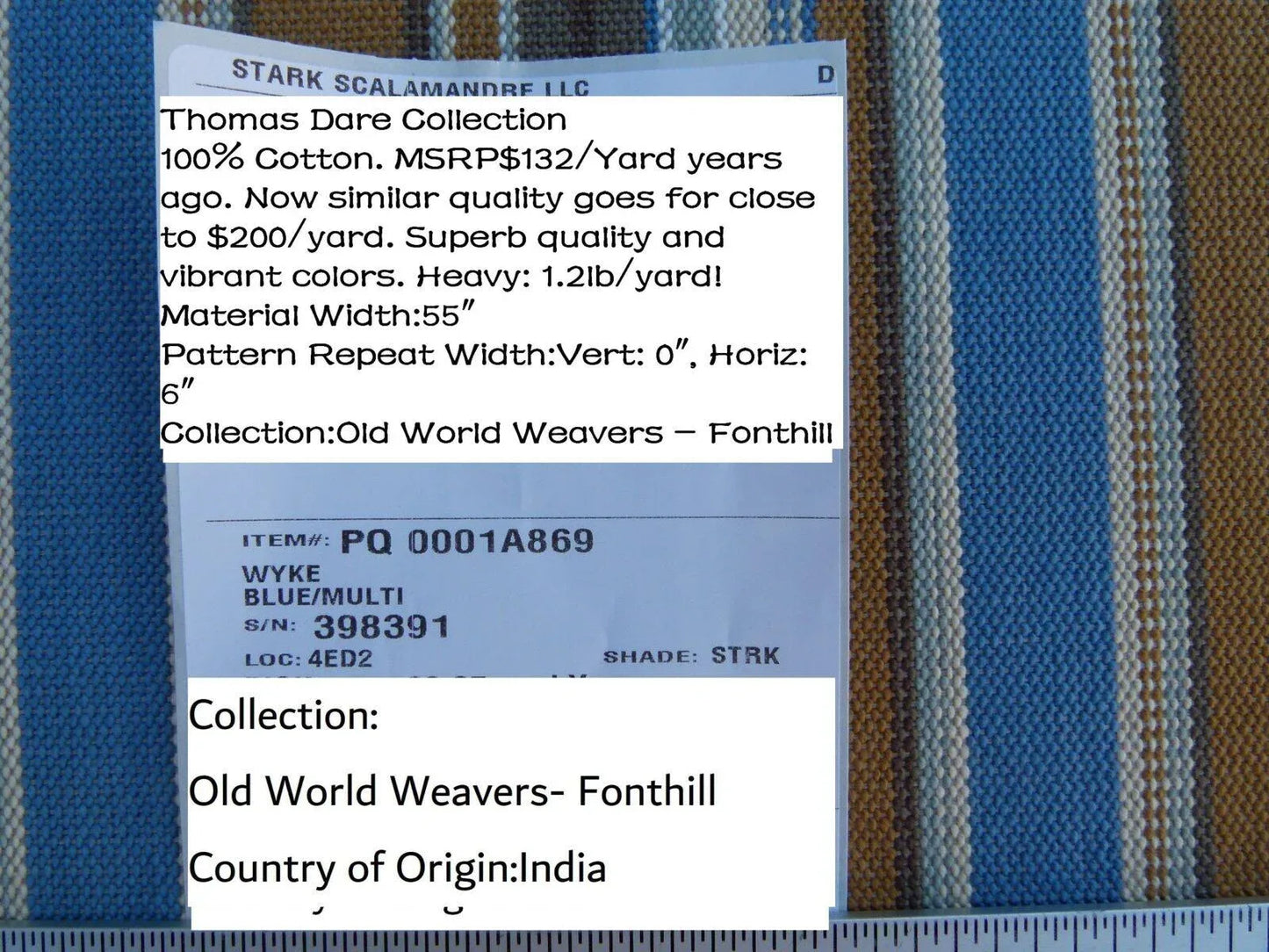 Scalamandre wyke Blue/multi Brown White Aqua  Old World Weavers Heavy Cotton Stripe MSRP USD 132/y