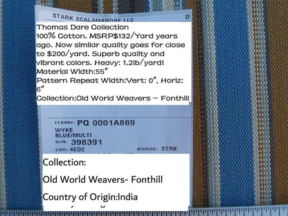 Scalamandre wyke Blue/multi Brown White Aqua  Old World Weavers Heavy Cotton Stripe MSRP USD 132/y