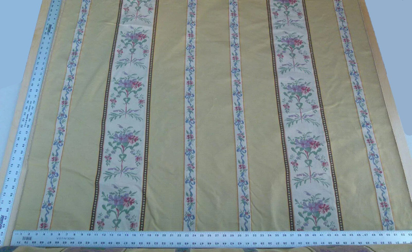 By Yd Scalamandre Fonthill  Josephine Multi Sand Yellow White  Cotton Floral Stripe Neoclassical MSRP USD 204/Y