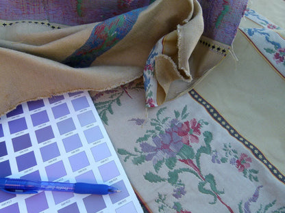 By Yd Scalamandre Fonthill  Josephine Multi Sand Yellow White  Cotton Floral Stripe Neoclassical MSRP USD 204/Y