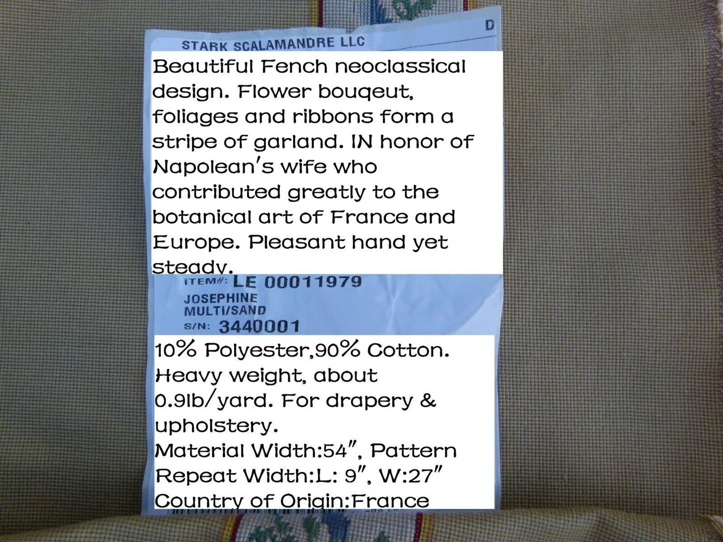 By Yd Scalamandre Fonthill  Josephine Multi Sand Yellow White  Cotton Floral Stripe Neoclassical MSRP USD 204/Y