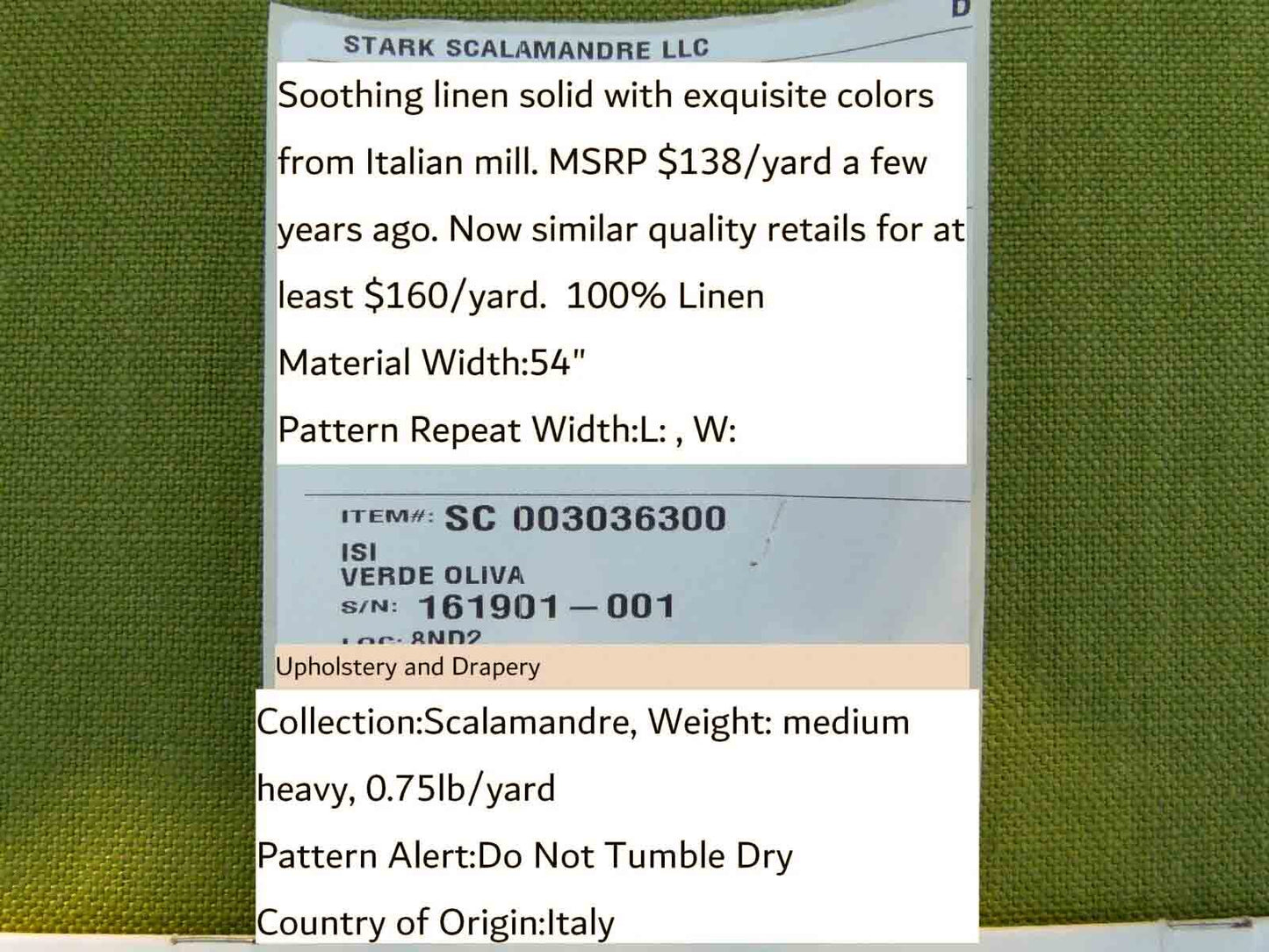 Scalamandre Isi Verde Oliva Olive Green 100% Linen MSRP USD 138/yd Old World Weavers