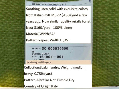 Scalamandre Isi Verde Oliva Olive Green 100% Linen MSRP USD 138/yd Old World Weavers