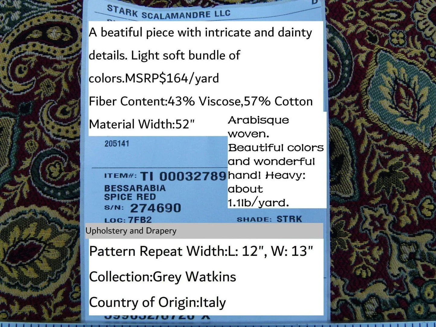 Scalamandre Bessarabia Grey Watkins Spice Red Gold Arabic Brocade Old World Weavers MSRP USD 264/Y