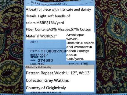 Scalamandre Bessarabia Grey Watkins Spice Red Gold Arabic Brocade Old World Weavers MSRP USD 264/Y