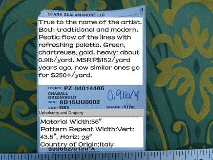 Scalamandre "chagall Green Jade Gold Renaissance Cotton Damask Old World Weavers MSRP USD 152/y