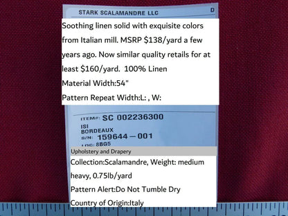 Scalamandre Isi Bordeaux  Red 100% Linen MSRP USD 138/yd Old World Weavers