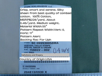 Scalamandre " Vertical Faille Stripe " in Special Green &amp; Cream Cotton Satin Old World Weavers MSRP USD 228/Y