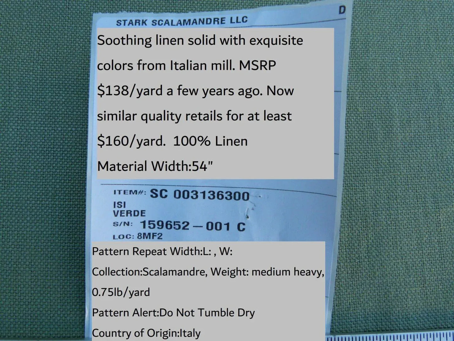 Scalamandre Isi Verde  Green 100% Linen MSRP USD 138/yd Old World Weavers