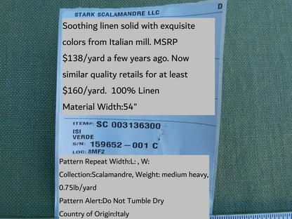 Scalamandre Isi Verde  Green 100% Linen MSRP USD 138/yd Old World Weavers