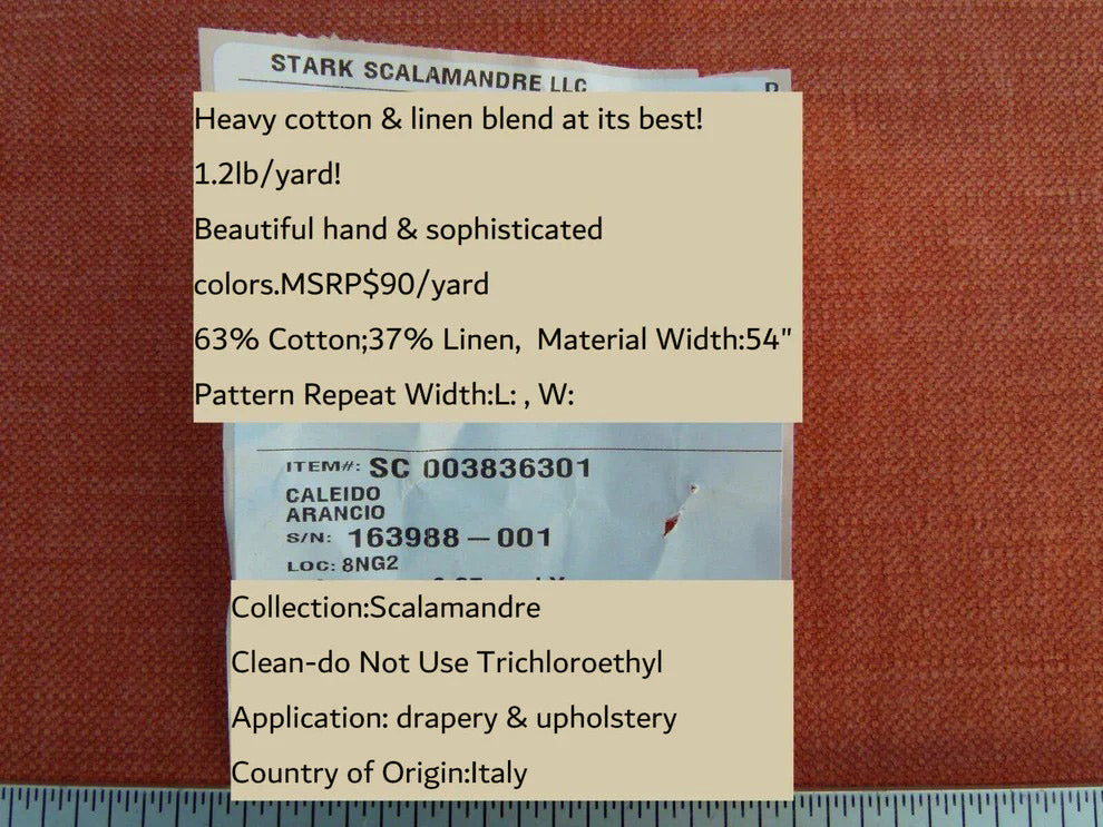 Scalamandre Caleido Arancio Orange Cotton Linen  Old World Weavers Heavy MSRP USD 120/y