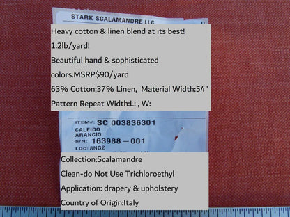 Scalamandre Caleido Arancio Red Pink Orange Cotton Linen  Old World Weavers Heavy MSRP USD 120/y