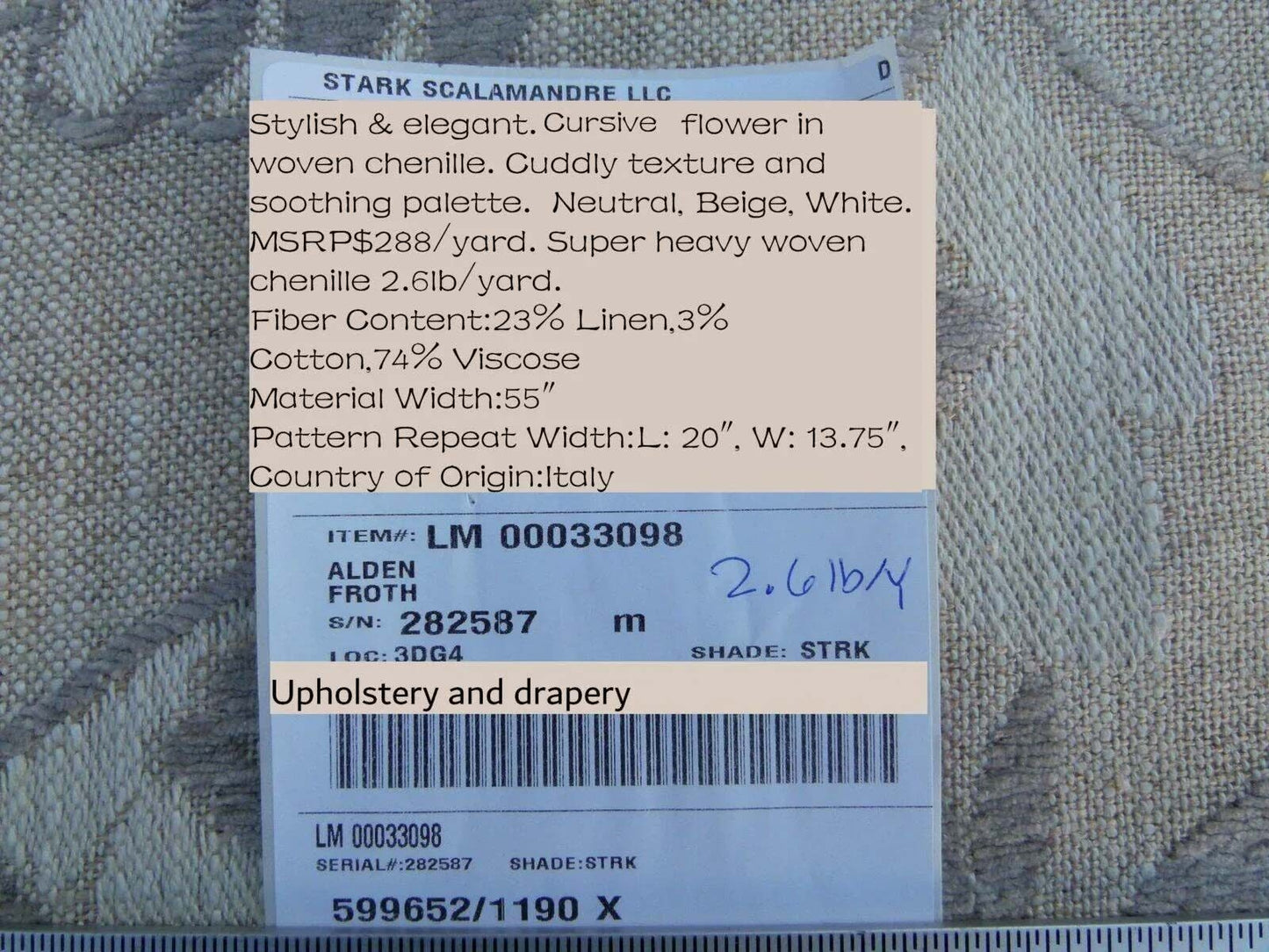 Scalamandre  Alden Froth Wavy Floral Stripe Heavy Chenille Old World Weavers MSRP USD 288/Y