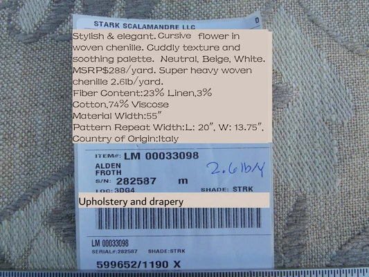 Scalamandre  Alden Froth Wavy Floral Stripe Heavy Chenille Old World Weavers MSRP USD 288/Y