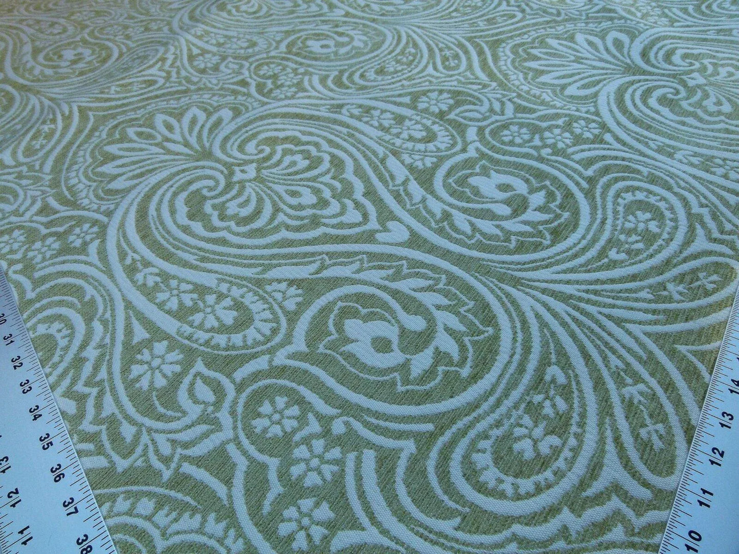 Scalamandre Rodinia Grass Green Creame White Organic Cotton Classic Damask Chenille Old World Weavers MSRP USD 168