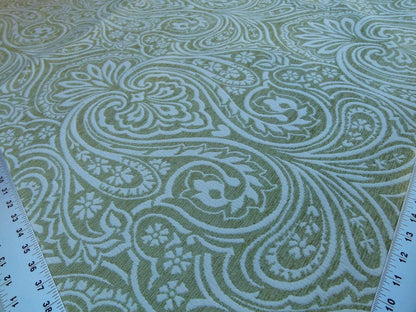 Scalamandre Rodinia Grass Green Creame White Organic Cotton Classic Damask Chenille Old World Weavers MSRP USD 168