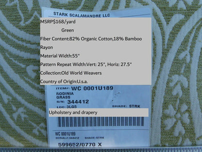 Scalamandre Rodinia Grass Green Creame White Organic Cotton Classic Damask Chenille Old World Weavers MSRP USD 168