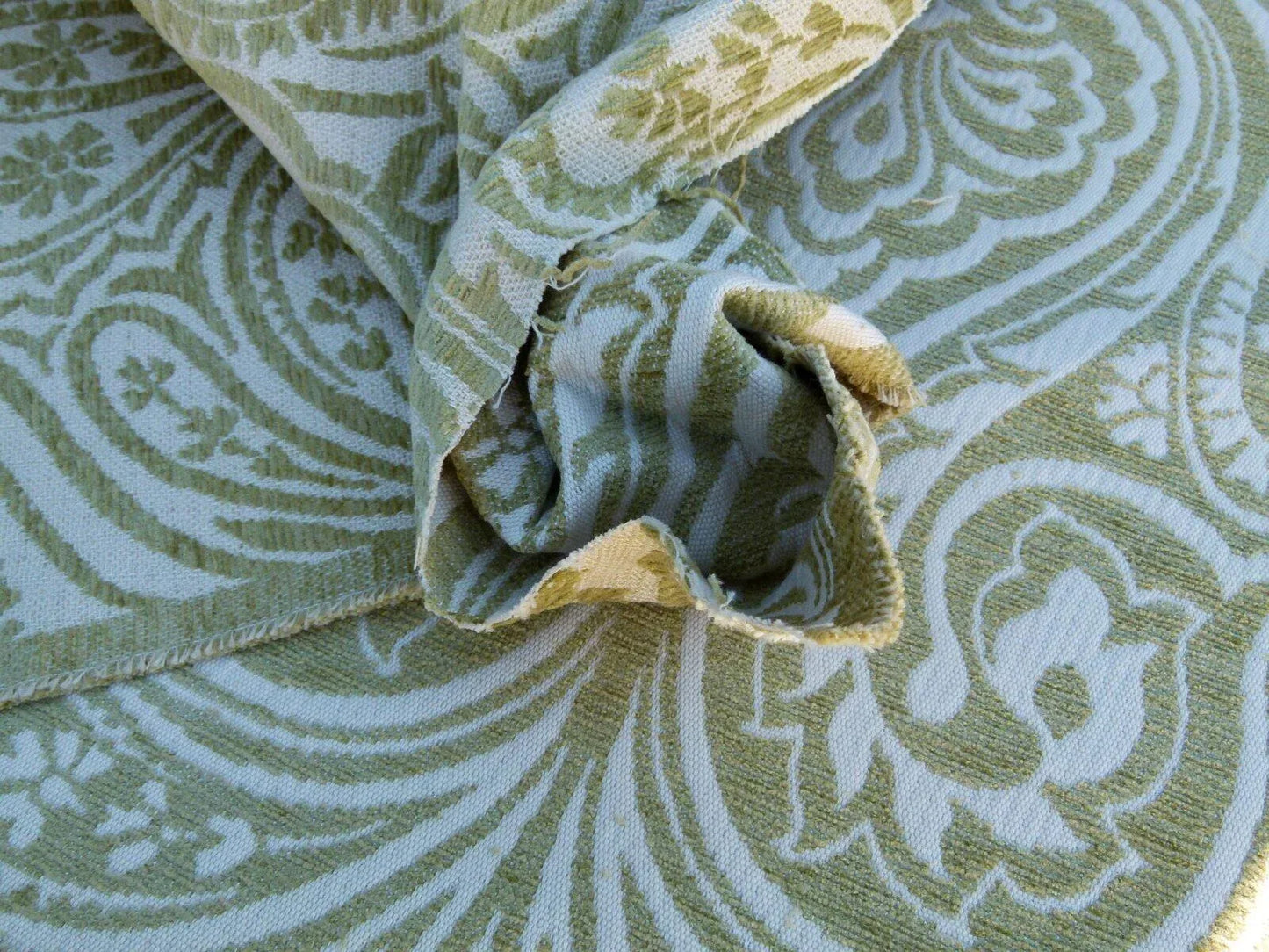 Scalamandre Rodinia Grass Green Creame White Organic Cotton Classic Damask Chenille Old World Weavers MSRP USD 168