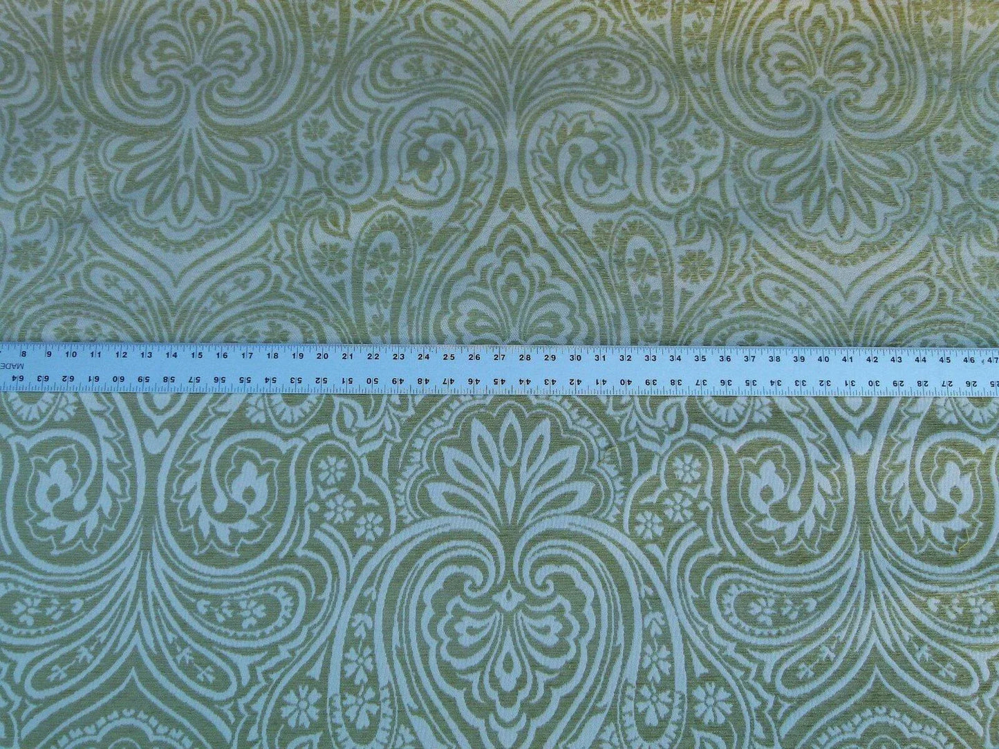 Scalamandre Rodinia Grass Green Creame White Organic Cotton Classic Damask Chenille Old World Weavers MSRP USD 168