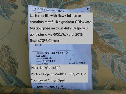 Scalamandre Old World Weavers Foliage Green Tropical Leaves Spectacular Lampas Yellow Gold MSRP USD 296/Y