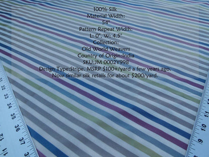 By Yard Tribolo Silver Blue Red Plum Spring Green on Beige Silk Stripe Scalamandre MSRP USD 200USD/Y