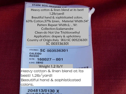 Scalamandre Caleido Rosso Red Cotton Linen  Old World Weavers Heavy MSRP USD 120/y
