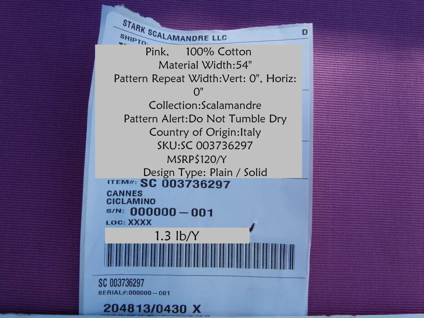 Scalamandre Cannes Ciclmamino Pink Lavender 100% Cotton Italy MSRP USD 120/Y