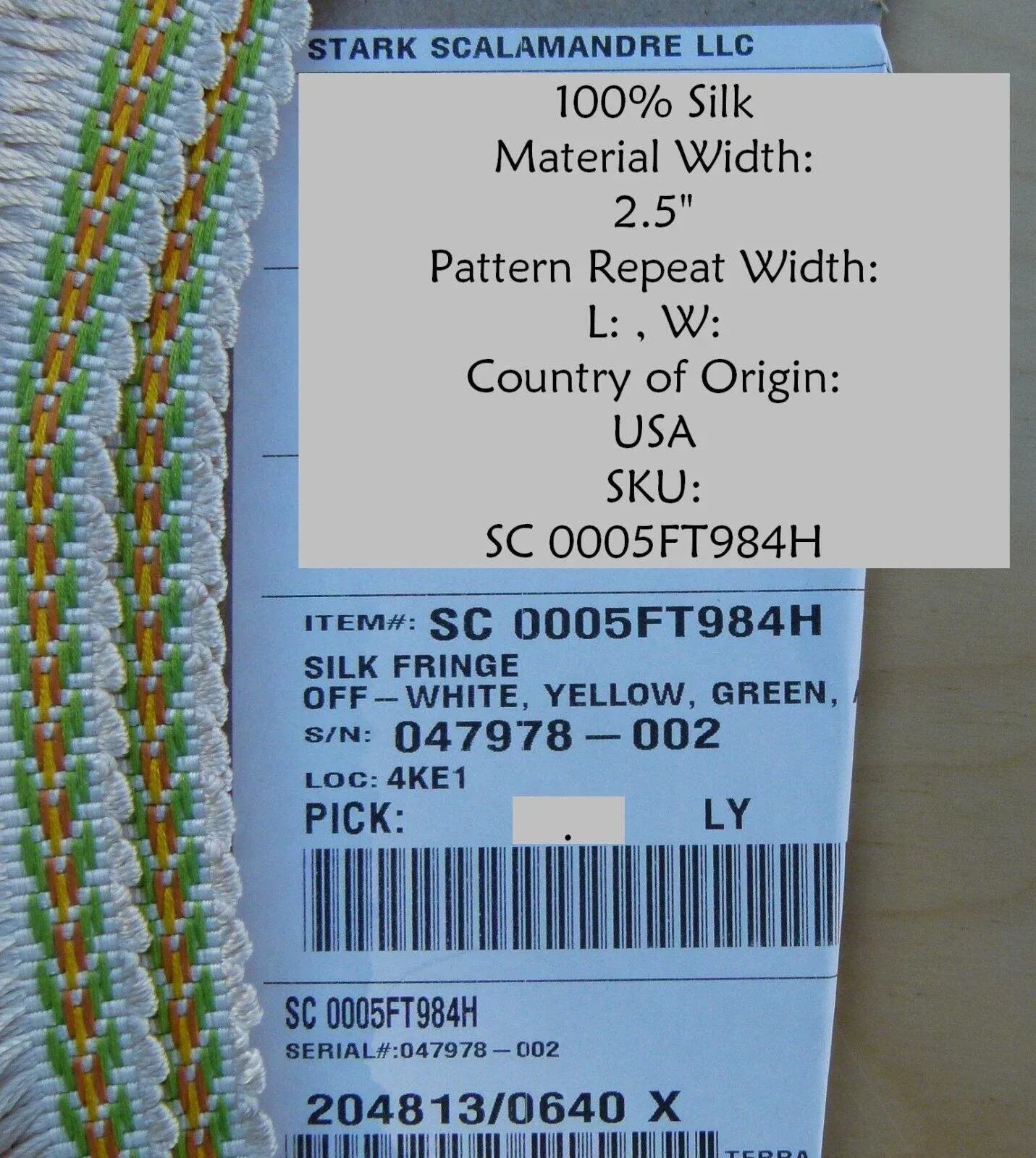 By Yard Scalamandre 100% Silk Fringe Off White Yellow Green Apricot MSRP USD 197/Y