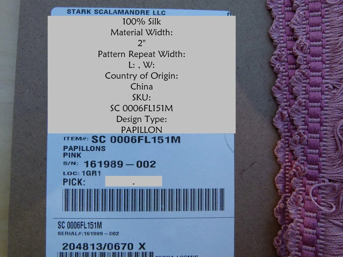 By Yard Scalamandre Papillons Pink Silk Loop Fringe MSRP USD 98/Y