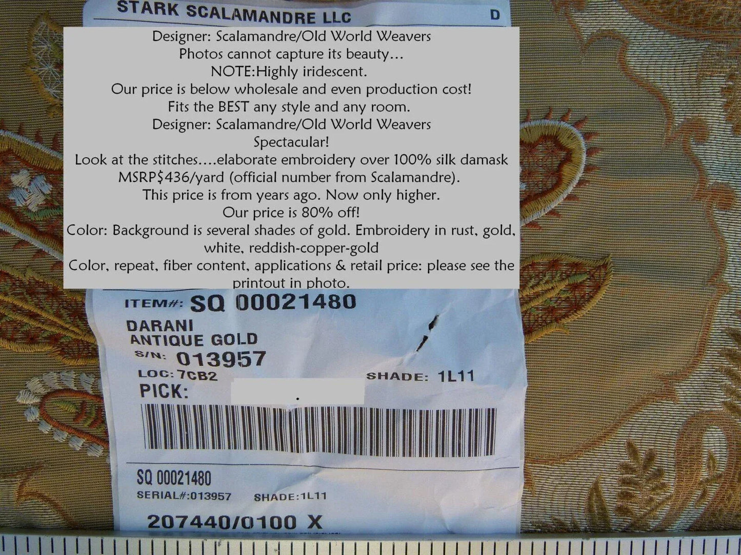 Scalamandre Old World Weavers Darani Silk Damask+embroidery Antique Gold MSRP USD 436/Y