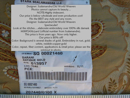 Scalamandre Old World Weavers Darani Silk Damask+embroidery Antique Gold MSRP USD 436/Y