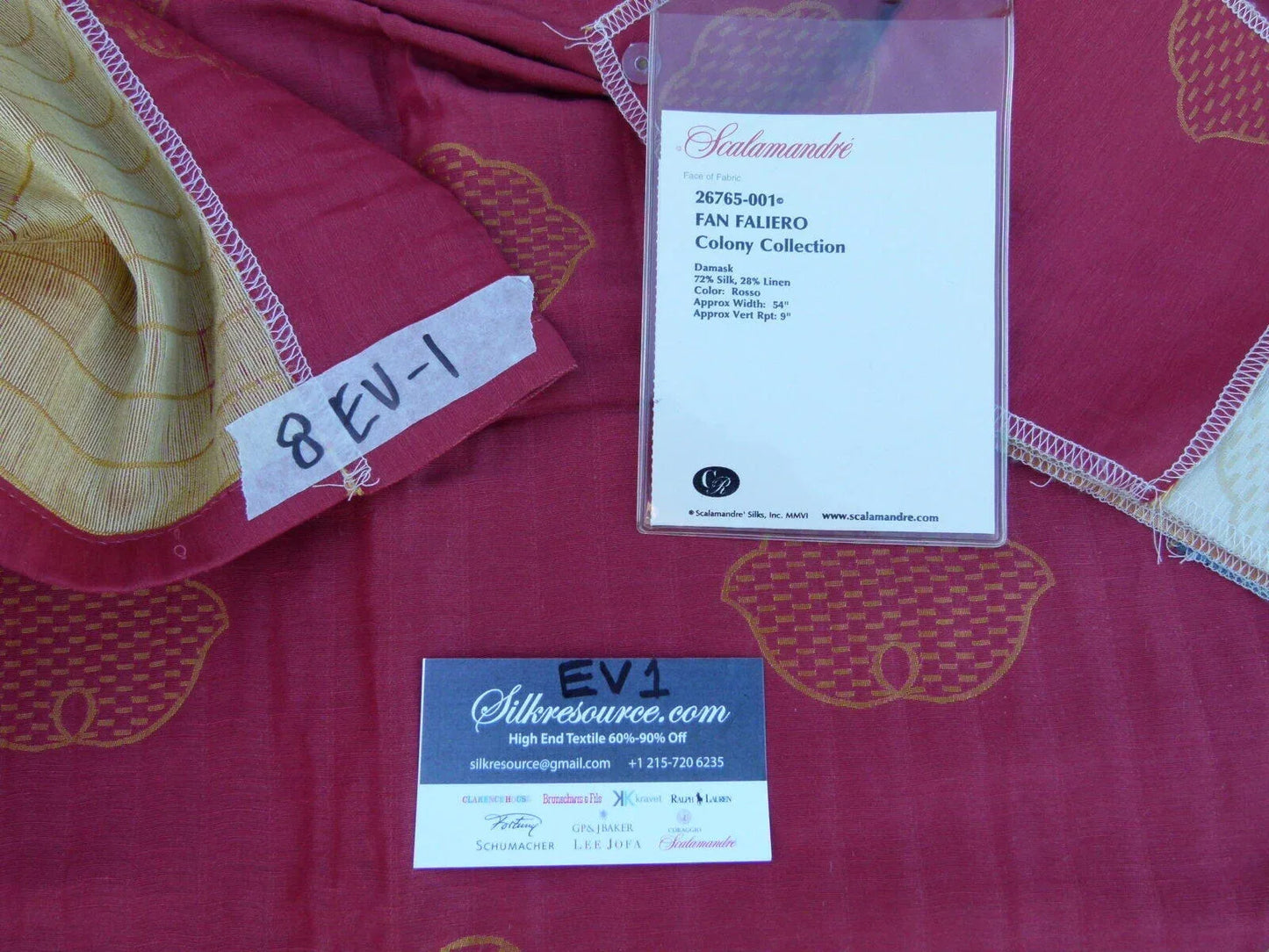 8 Ev1 2y Scalamandre Colony Fan Faliero Red Gold Silk Linen Damask MSRP USD 300/Y