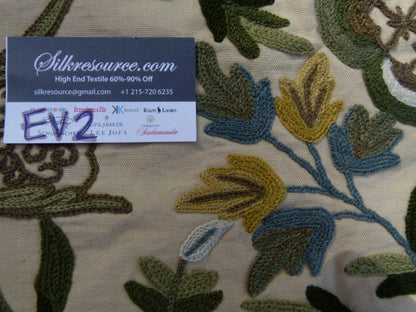 22 Ev2 1.2y Scalamandre Floribunda Blue Green Gold Cotton Wool Crewel Flora Hand Embroidery MSRP USD400+/Y