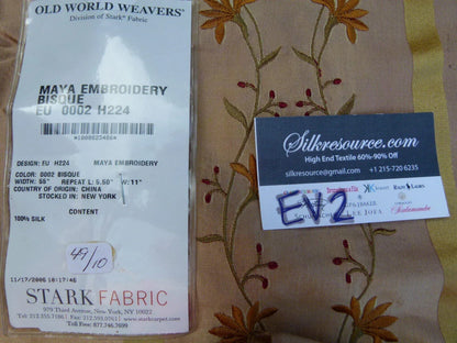 35 Ev2 1.2y Scalamandre Maya Embroidery Bisque Brown Silk Floral Stripe