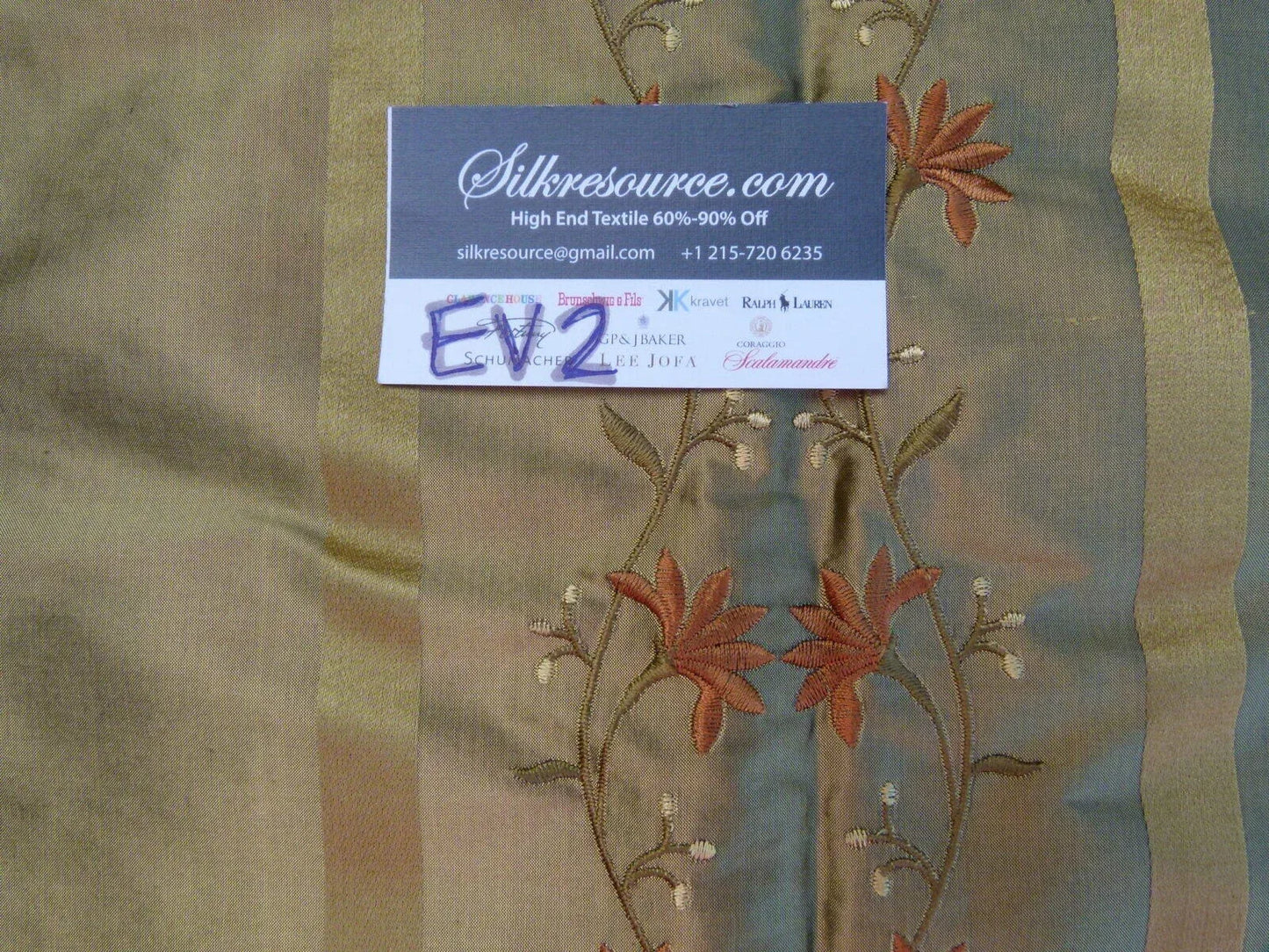 36 Ev2 1.2y Scalamandre Maya Embroidery Olive Green Silk Floral Stripe