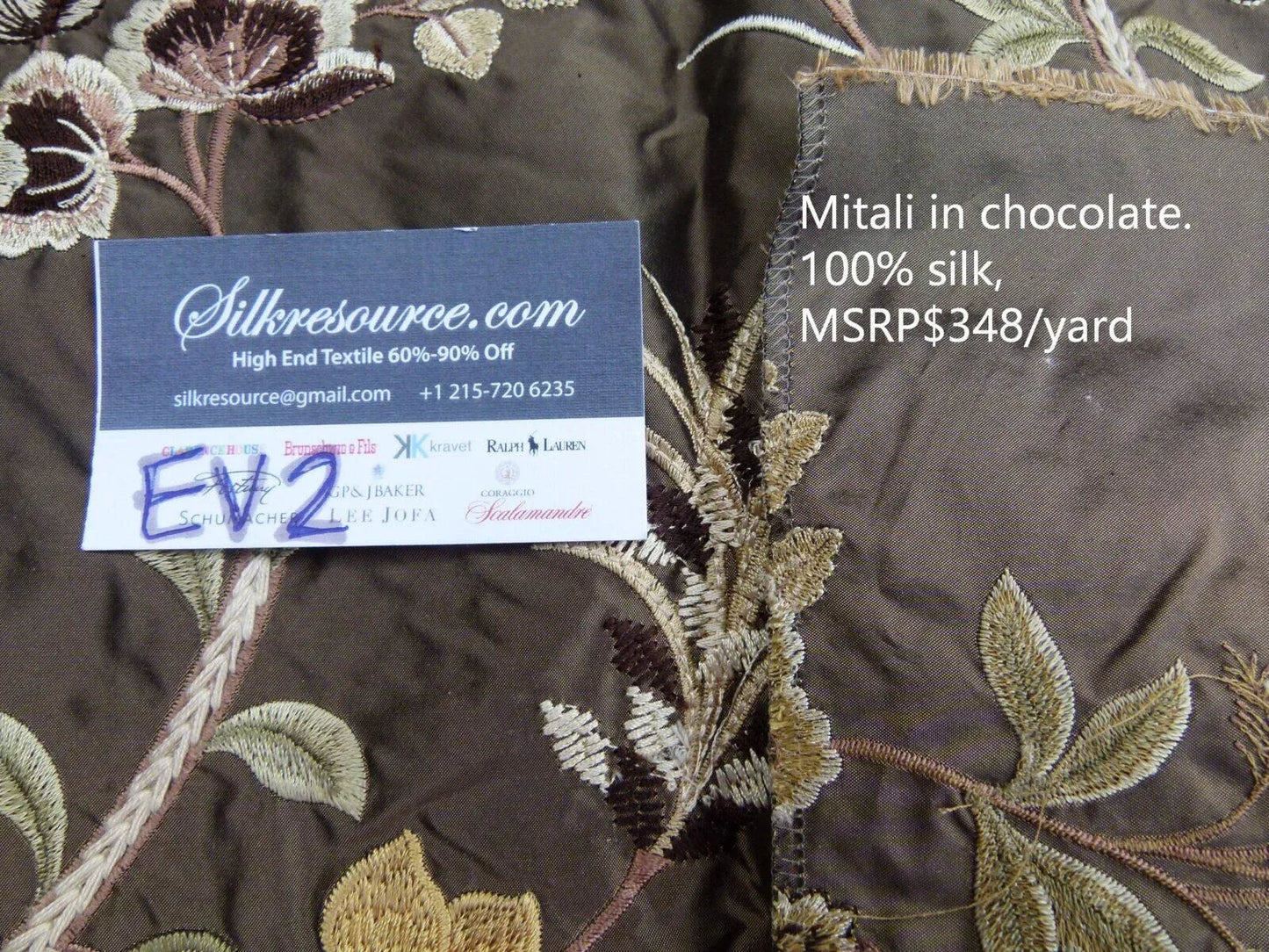 46 Ev2 1.2y Scalamandre Mitali Chocolate Rich Brown Embroidery Silk Taffetta MSRP USD 348/Y