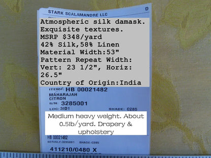 By Yard Scalamandre Gw Maharajah Citron Yellow Lemon Silk Linen Damask Reversible MSRP USD 348/Y