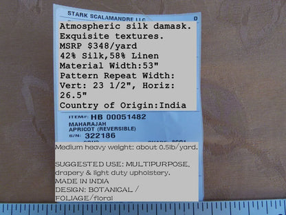 By Yard Scalamandre Gw Maharajah Apricot Pink Peach Silk Linen Damask Reversible MSRP USD 348/Y