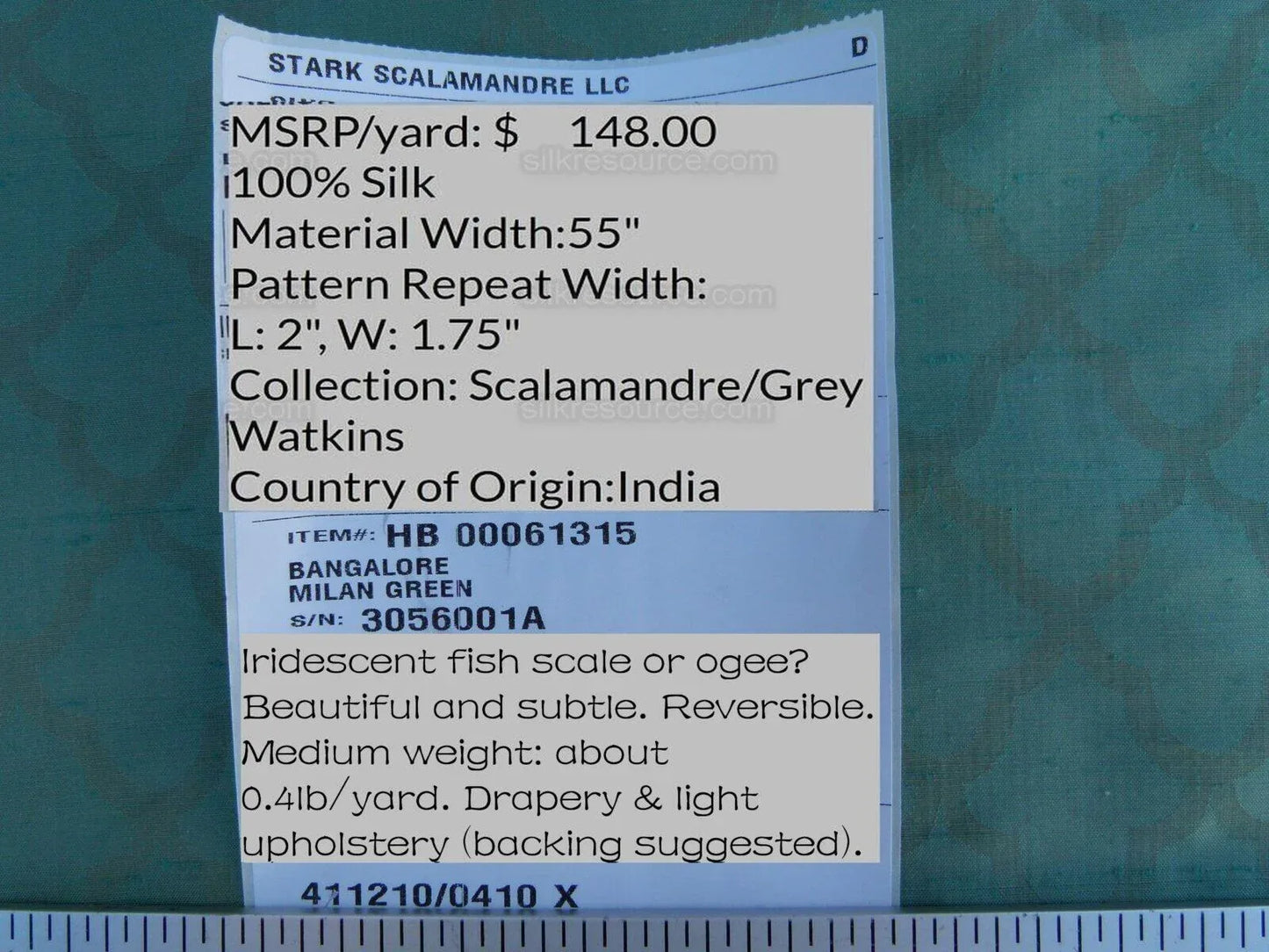 Scalamandre Bangalore Milan Green Blue 100% Silk Fish Scale Ocean Wave MSRP USD 148/Y