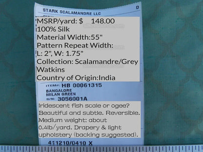Scalamandre Bangalore Milan Green Blue 100% Silk Fish Scale Ocean Wave MSRP USD 148/Y