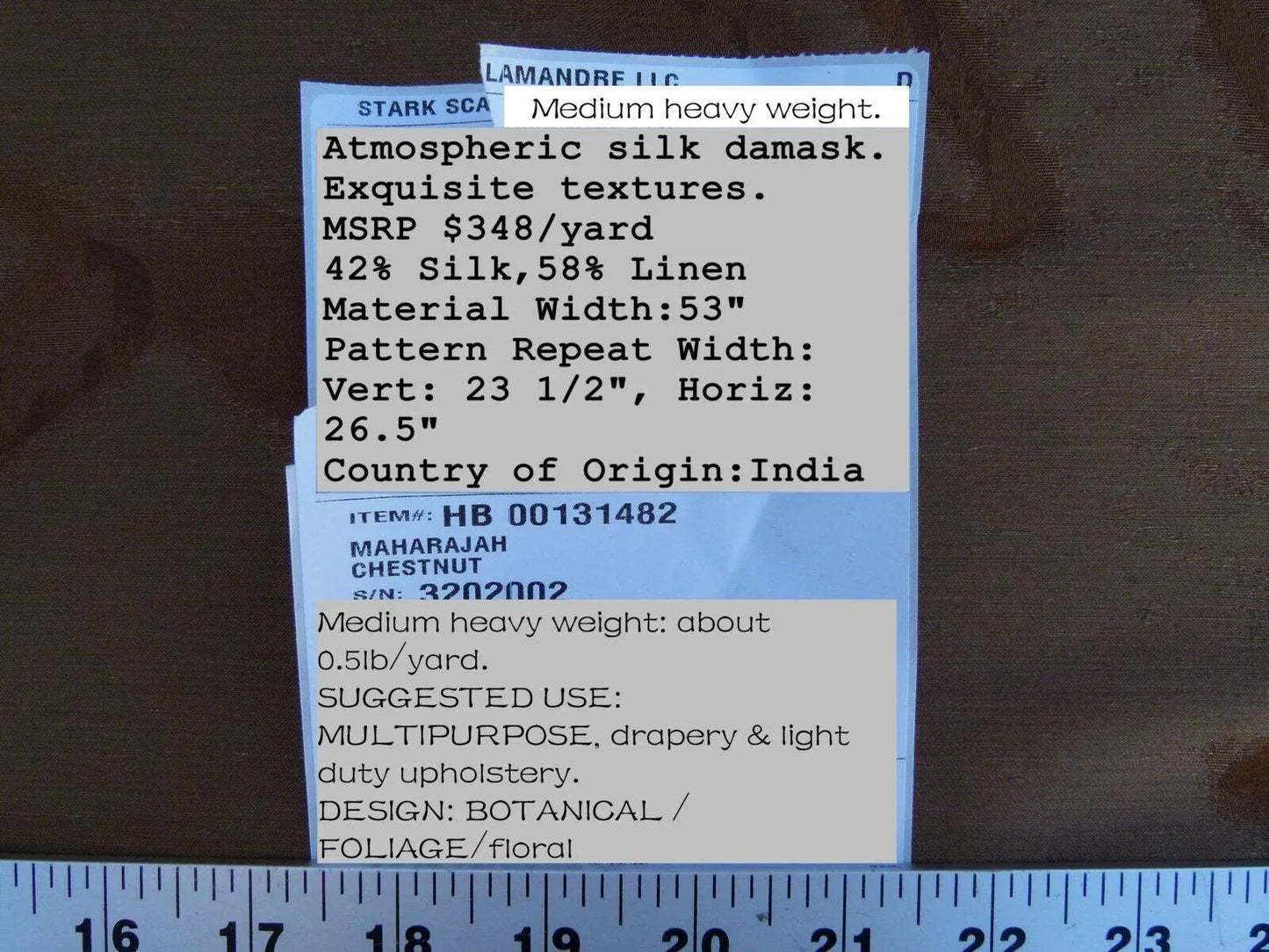 By Yard Scalamandre Gw Maharajah Chestnut Brown Silk Linen Damask Reversible MSRP USD 348/Y