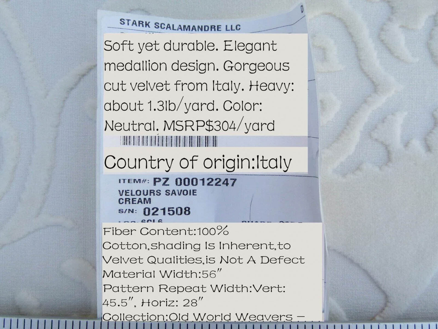 3 yards Scalamandre Fonthill Velours Savoie Cream White Cut Velvet 100% Cotton Old World Weavers MSRP USD 304/Y Minor Defect