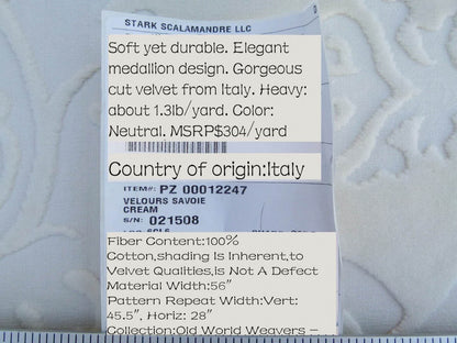 3 yards Scalamandre Fonthill Velours Savoie Cream White Cut Velvet 100% Cotton Old World Weavers MSRP USD 304/Y Minor Defect
