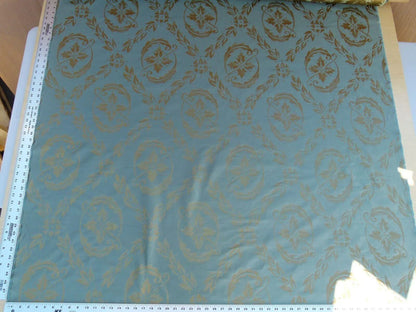 Scalamandre Navonna Reseda Blue Green Neoclassical Silk Lampas Medallion Crest MSRP USD 444/yard  Old World Weavers