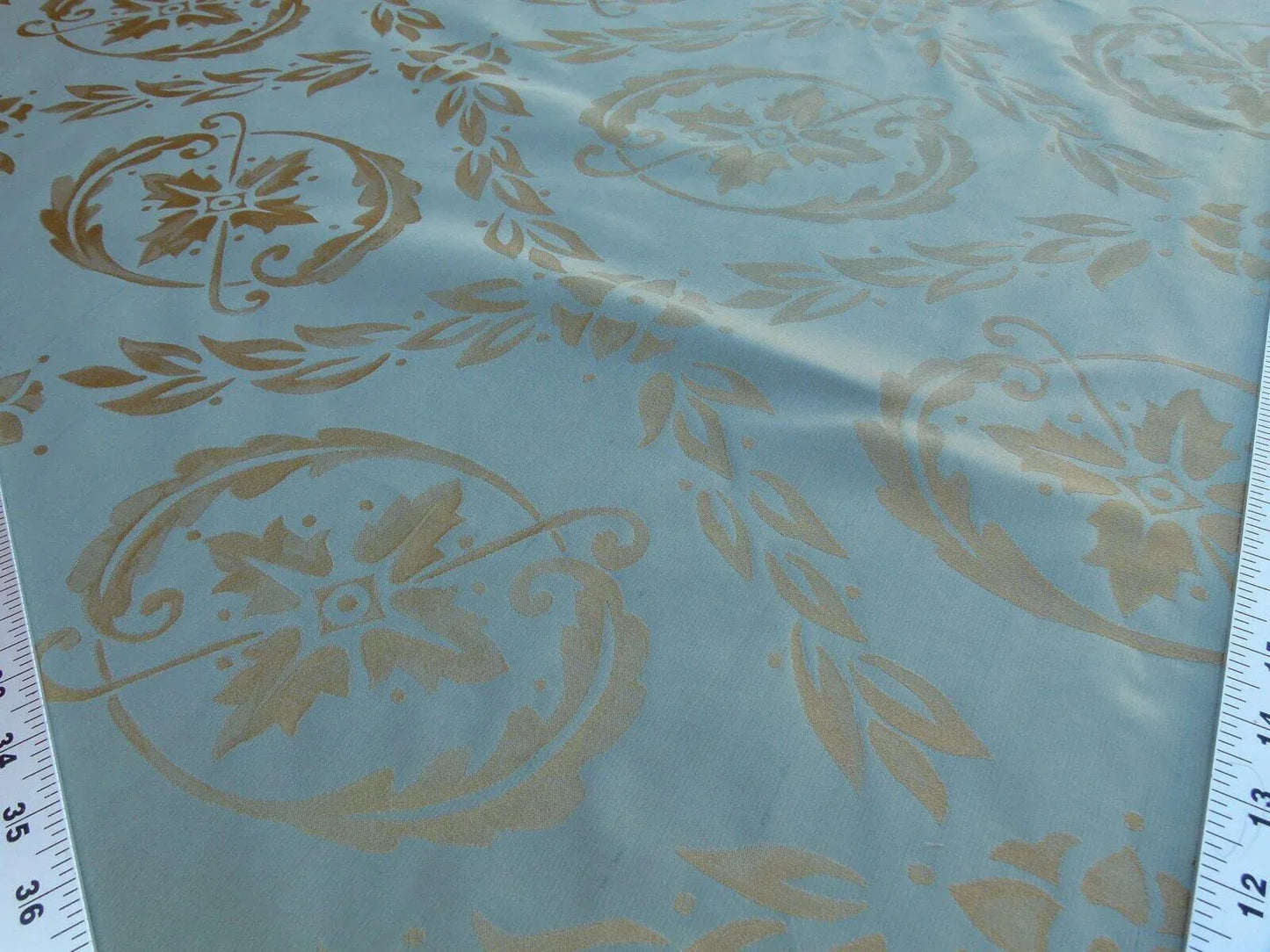 Scalamandre Navonna Reseda Blue Green Neoclassical Silk Lampas Medallion Crest MSRP USD 444/yard  Old World Weavers