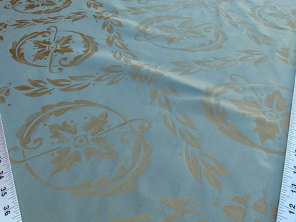 Scalamandre Navonna Reseda Blue Green Neoclassical Silk Lampas Medallion Crest MSRP USD 444/yard  Old World Weavers