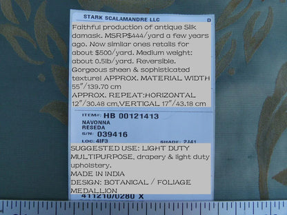 Scalamandre Navonna Reseda Blue Green Neoclassical Silk Lampas Medallion Crest MSRP USD 444/yard  Old World Weavers