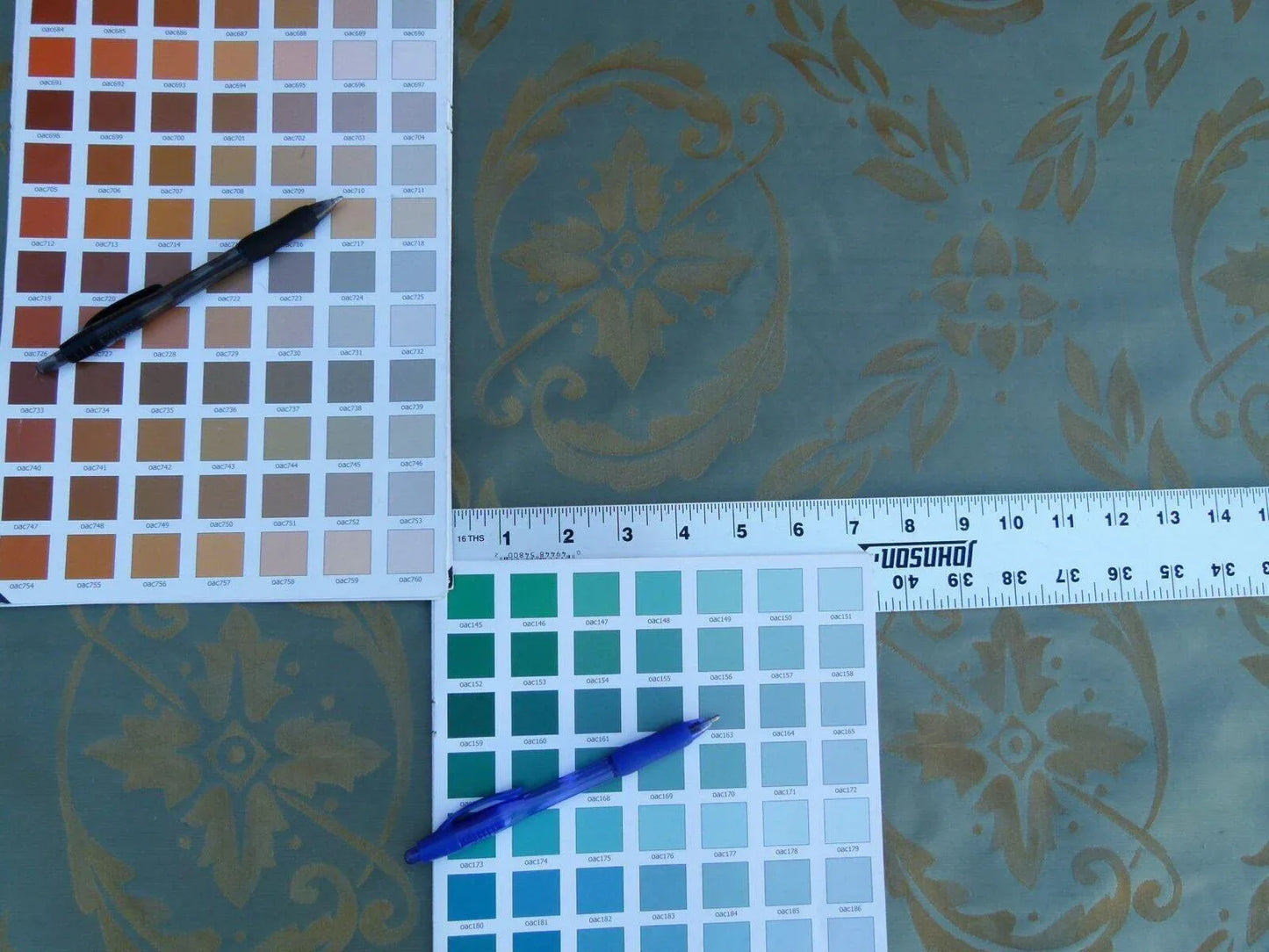 Scalamandre Navonna Reseda Blue Green Neoclassical Silk Lampas Medallion Crest MSRP USD 444/yard  Old World Weavers