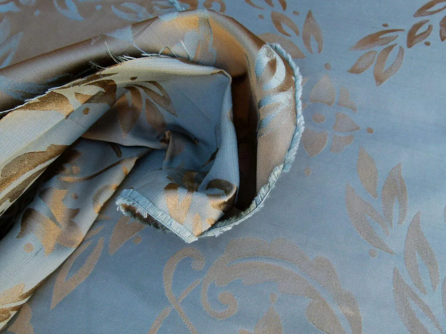 Scalamandre Navonna Reseda Blue Green Neoclassical Silk Lampas Medallion Crest MSRP USD 444/yard  Old World Weavers