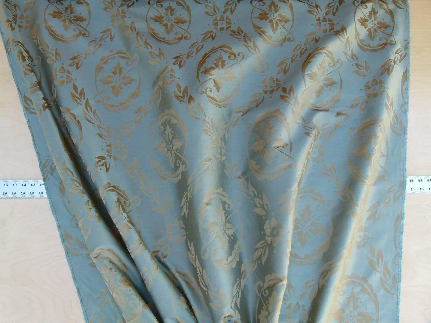 Scalamandre Navonna Reseda Blue Green Neoclassical Silk Lampas Medallion Crest MSRP USD 444/yard  Old World Weavers